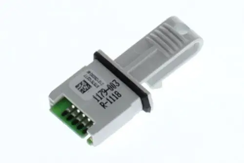Weißer Bosch Kodierstecker mit sechs Kontaktpins und einer Halterung. Die Rückseite zeigt möglicherweise eine Seriennummer oder Produktspezifikationen.
